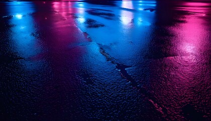 Neon Reflections: Captivating view of colorful light trails dancing on the wet surface of city streets after nightfall, creating a beautiful, abstract pattern. Ai generated image