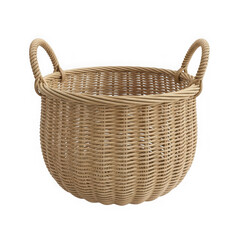 Woven wicker basket with handles isolated on transparent background