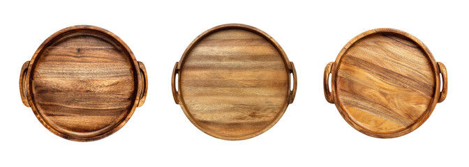 Three round wooden serving trays with handles displayed on a black background, perfect for food presentation and home decor PNG set Transparent backround