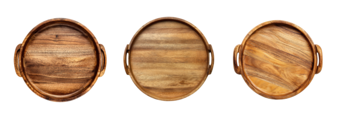 Three round wooden serving trays with handles displayed on a black background, perfect for food presentation and home decor PNG set Transparent backround
