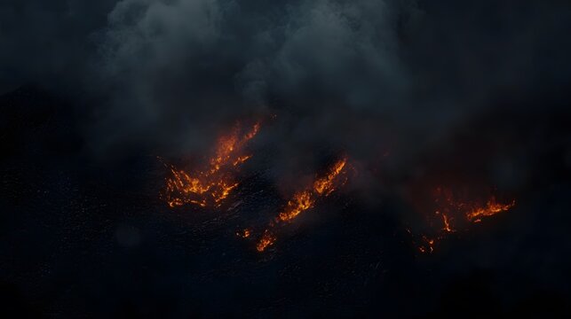 Fiery landscape viewed from above with dark smoke and glowing embers. - Powered by Adobe