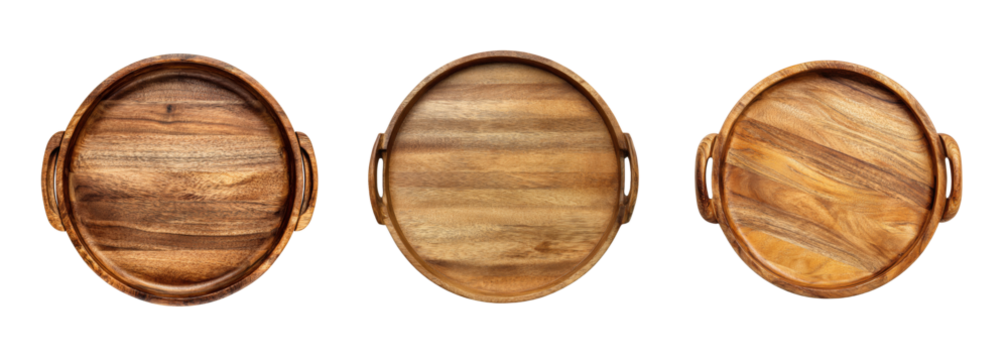 Three round wooden serving trays with handles displayed on a black background, perfect for food presentation and home decor PNG set Transparent backround