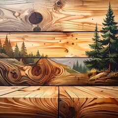 Wooden surface with landscape illustration