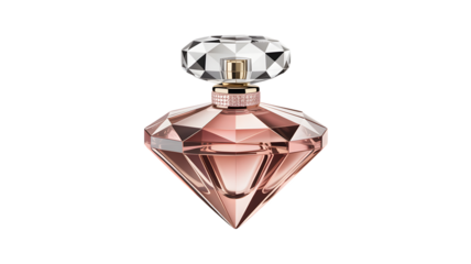 Elegant diamond shaped perfume bottle with crystal cap on transparent background
