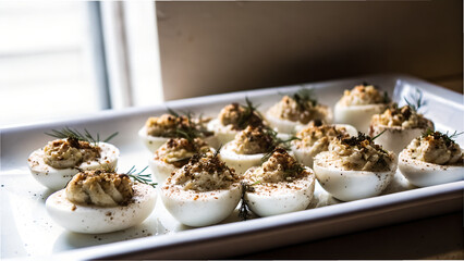 Deviled eggs served on a white platter with seasoning and herbs  