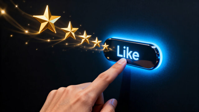 Human finger presses a glowing blue 'Like' button, generating a trail of five golden stars, symbolizing positive feedback, top rating, and customer satisfaction. - Powered by Adobe