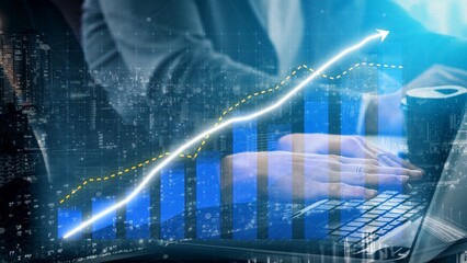Hands typing on laptop show business analytics concept, illustrating growth through data visualization and digital graphs against a modern abstract background. Copula