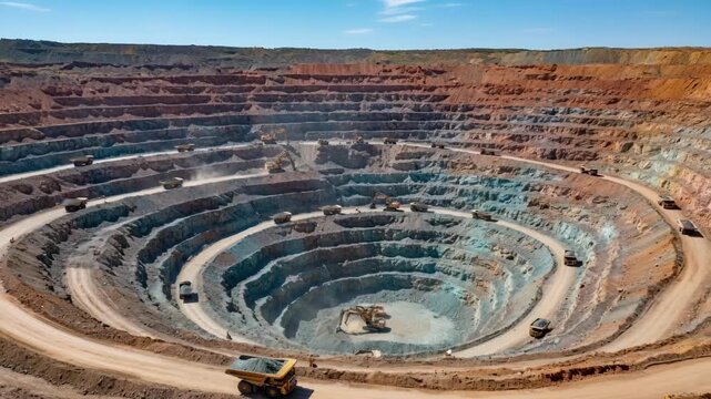 Medium shot of an openpit copper mine at summer midday showcasing vibrant earth tones and heavy mining machinery in operation under clear skies.