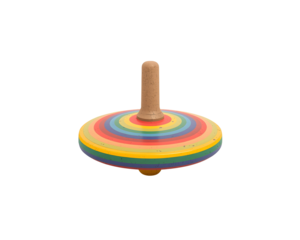 Colorful Spinning Top Toy with Rainbow Stripes and Rustic Wood Handle on Isolated Display