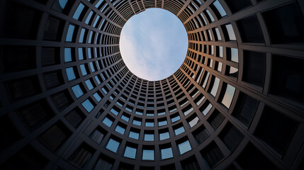 Naklejka premium Architectural abstraction: View up through a round building's interior, showcasing geometric patterns and open sky.