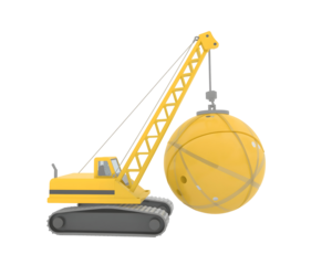 Concept Illustration of a Yellow Wrecking Ball Crane Demolishing Digital Structures with Precision