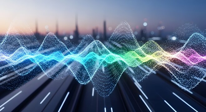 Dynamic colorful soundwave over city streets conveys innovation and progress, ideal for futuristic technology or creative design projects