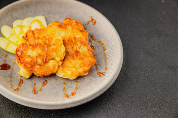 Apple pancakes sweet dish delicious breakfast fruit dish natural product tasty snack fresh delicious gourmet food background on the table rustic top view copy space