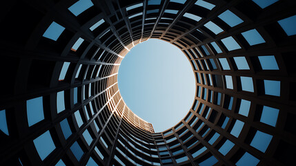 Naklejka premium Architectural marvel gazing skyward through the round void, framed by walls. Modern design meets open space, creating unique symmetry.