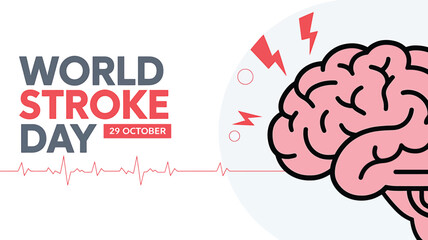 Vector art of world stroke day on october 29th with pink brain and heartbeat line graphic