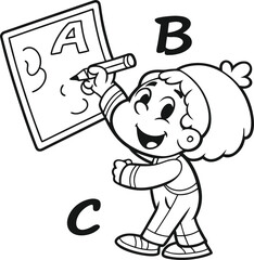 Cartoon vector illustration of a boy drawing an alphabet coloring page