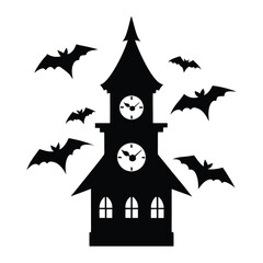Haunted Clock Tower Halloween Scene with Flying Bats and Glowing Eyes in Eerie Vector Style