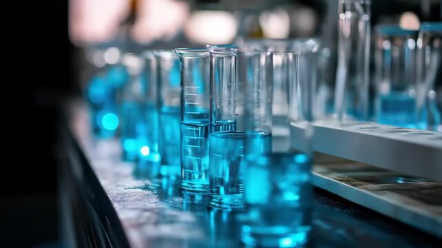 Row of glowing blue liquid in lab beakers and test tubes on a dark, reflective surface
