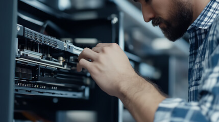 IT Engineer Working on Server. Man in plaid shirt fixing a server, inspecting and maintaining the system. Focus on server hardware.