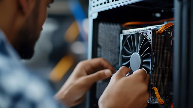 Person installs graphics card into a custom-built computer. The image shows a repair of the computer's hardware and its ventilation system. - Powered by Adobe