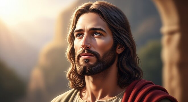 A serene illustration of Jesus Christ, depicted with long hair and a beard, looking upwards with a hopeful and spiritual gaze under soft, divine light.