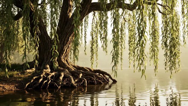Majestic weeping willow tree with exposed roots cascading into serene water scene