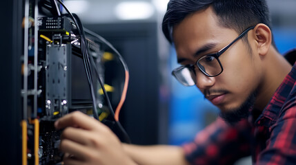 IT professional inspecting server hardware; focused on maintenance. Person troubleshooting a computer. Data center server rack, networking, and technology.