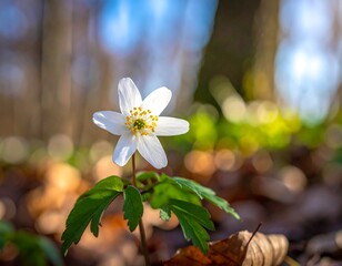 Single white flower, vibrant and centered, with shallow depth of field, surrounded by blurred forest floor and sunlight