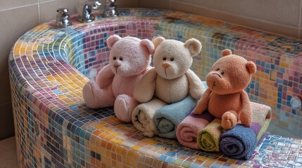 closeup of colorful mosaic bath with soft toys and towels no logos no brands ar 169