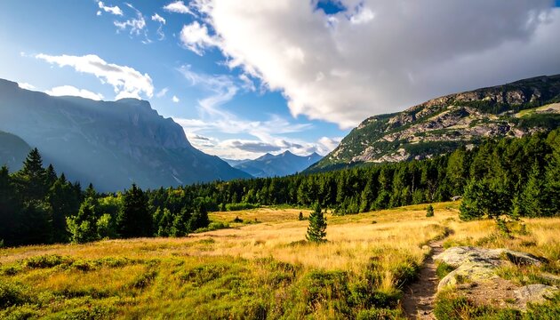 Alpine meadow bathed in golden light, rugged peaks rise