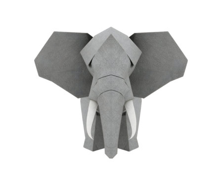 Digitally rendered image of a polygonal elephant statue with geometrical shapes design