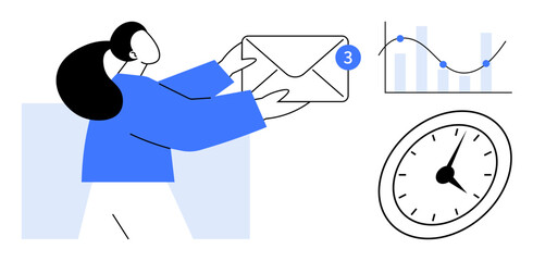 Woman holding email with notification, clock, data charts symbolizing communication, productivity, technology, workplace, efficiency, organization and focus. Ideal for teamwork infographic or simple