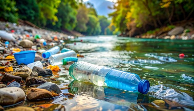 Plastic waste litters a riverbank, with plastic bottles and containers scattered along the shallow water's edge.  Sunlight filters through trees, highlighting the pollution