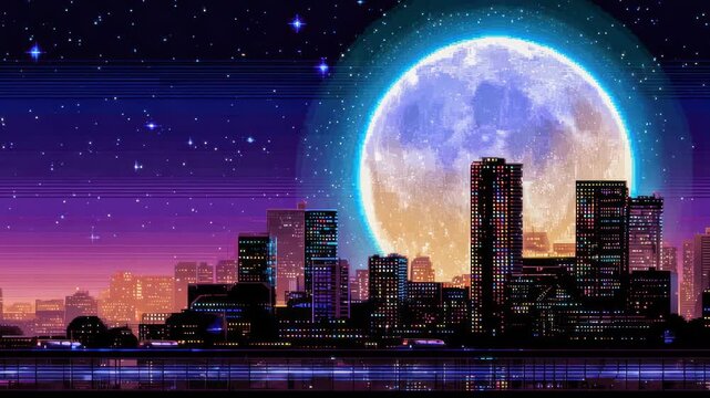 Retro 8-bit pixel art cityscape at night with glowing skyscrapers and a large full moon in the sky