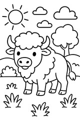 Obraz premium Charming & fluffy cartoon bison coloring page for children, showcasing a cute buffalo with prominent horns standing in a serene natural landscape. Features sun, clouds, trees & grass. Ideal for creati