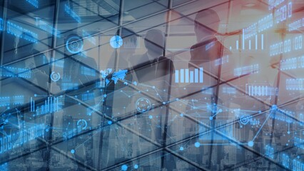 A dynamic business meeting setting featuring silhouettes of professionals with an overlay of digital interfaces and data visualizations, highlighting collaboration in a modern office. Xenic