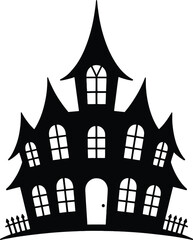 A spooky haunted house illustration with detailed windows on transparent background silhouette
