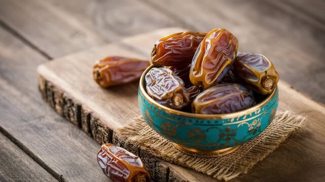 Rich, succulent dates overflowing from an ornate teal bowl on a rustic wooden surface, perfect for culinary inspiration and healthy eating.