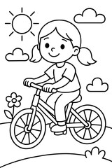 Cute smiling girl enjoying a sunny day outdoors, happily riding her bicycle through a cheerful landscape with fluffy clouds, a bright sun, and blooming flowers. A delightful activity for children.