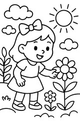 Obraz premium Delightful little girl with a cheerful smile and a cute bow in her hair, happily exploring a vibrant flower garden on a bright, sunny day with fluffy clouds, ideal for a printable coloring page advent