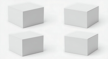 Fototapeta premium A collection of four blank white 3D cube boxes viewed from different angles, perfect for a product packaging mockup template on a clean isolated background