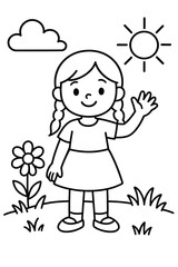 Obraz premium Cute cartoon girl with pigtails, smiling and waving, in a sunny outdoor coloring page. Features green grass, a blooming flower, a fluffy cloud, and a radiant sun. Simple line art for children to enjoy