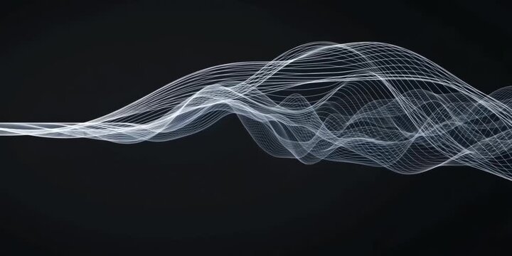 Abstract moving white wavy grid lines on black background. Abstract wave line.