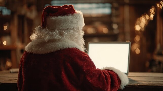 over shoulder view of santa claus wearing costume using laptop computer with white blank empty mock up screen monitor sitting at workshop table on merry christmas eve e commerce website ads concept n