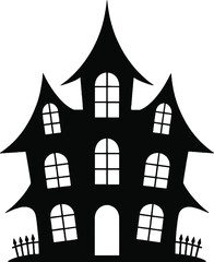 Detailed spooky haunted house illustration with multiple windows on transparent background silhouette