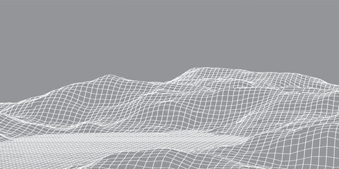 Digital wavy wireframe landscape. Futuristic linear undulating terrain. Digital cyberspace in mountains with valleys. Vector illustration. © Dul