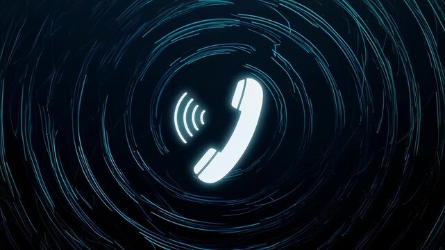 A glowing phone icon surrounded by a swirling blue pattern on a dark background