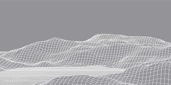 Digital wavy wireframe landscape. Futuristic linear undulating terrain. Digital cyberspace in mountains with valleys. Vector illustration.