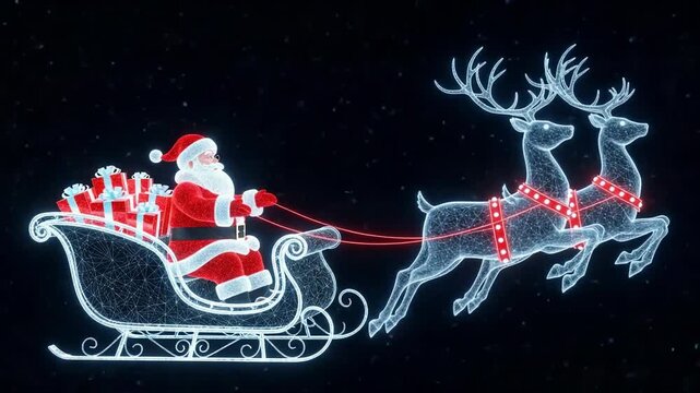 Santa claus in a sleigh pulled by reindeer, rendered in a futuristic wireframe style