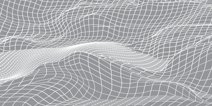 Digital wavy wireframe landscape. Futuristic linear undulating terrain. Digital cyberspace in mountains with valleys. Eps10